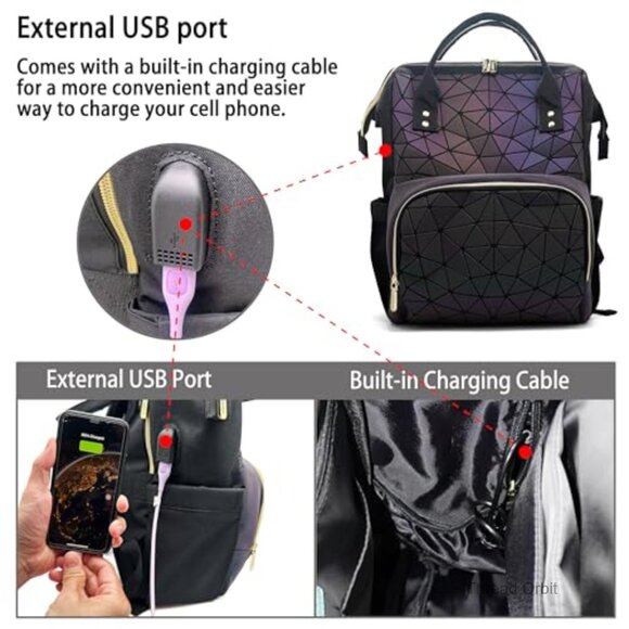 Large Geometric Holographic Backpack with USB Port for Laptop Travel Work main image 7